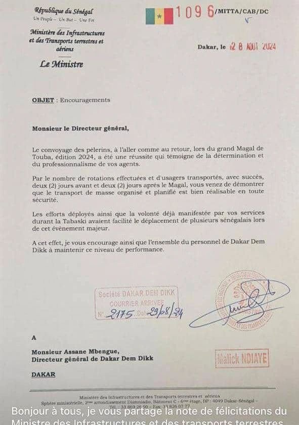 La lettre du MITTA au DG de DDD