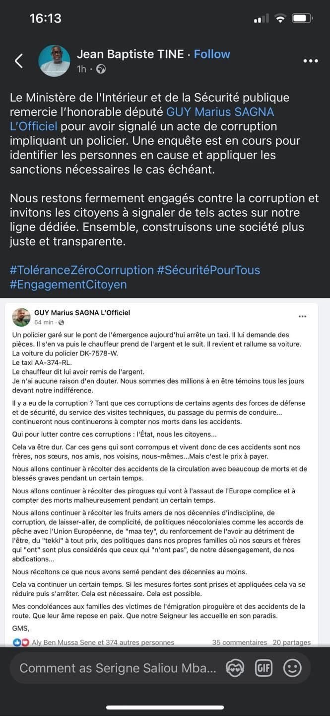 Le ministre de l'intérieur salue le geste du député Guy Marius Sagna