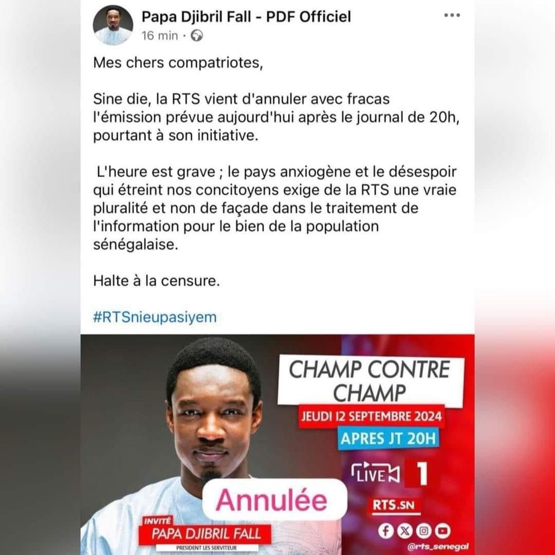 La RTS1 Sénégal à apporte une réplique musclée à l'honorable député Papa Djibril Fall - PDF Officiel