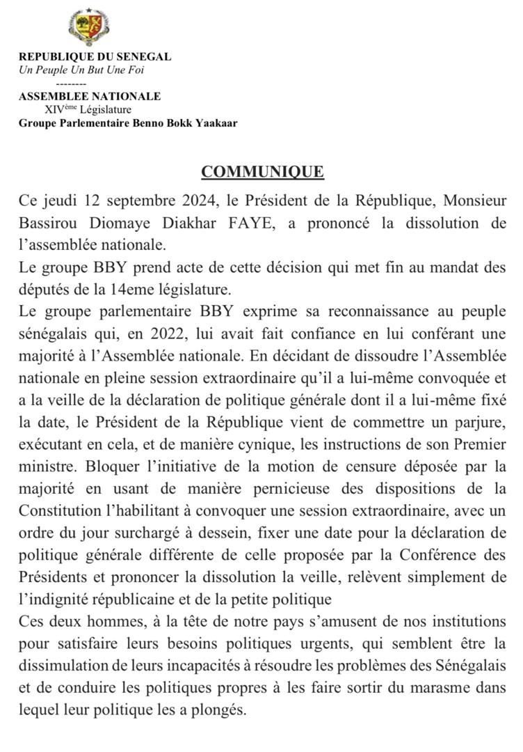 Politique: Après la dissolution de l'assamblée nationale, le groupe parlementaire BBY réagit: Communiqué