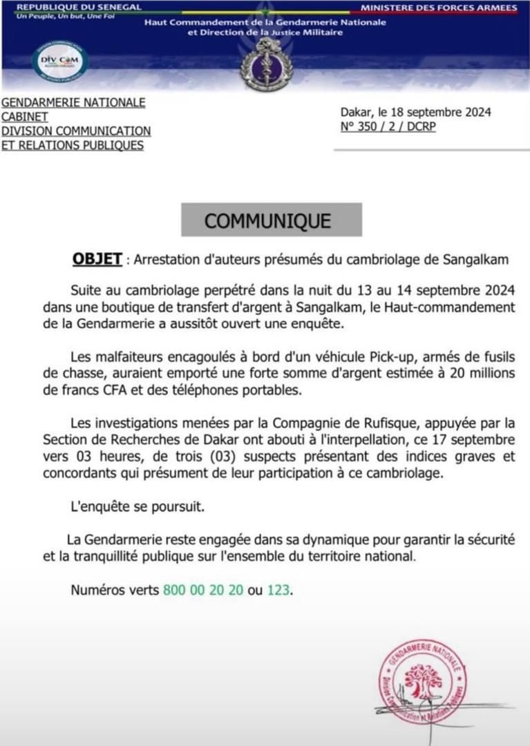 Communiqué de la Gendarmerie Nationale