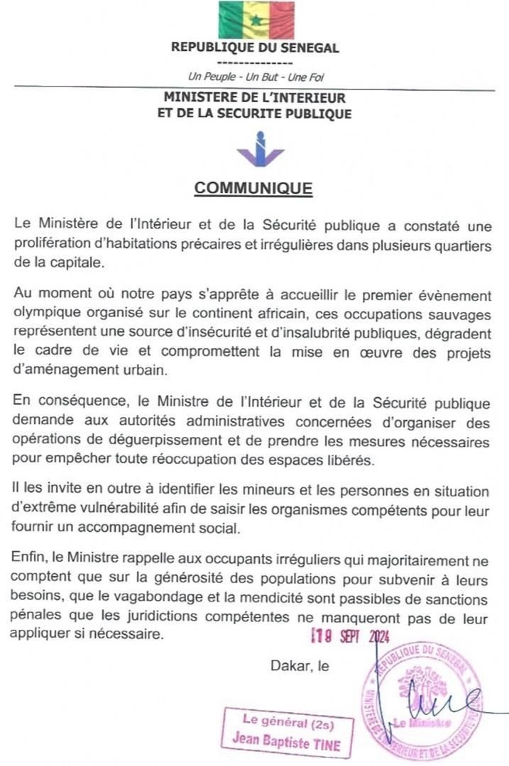 Occupation anarchique à Dakar: Le ministre de l'intérieur prend des mesures; Communuqué
