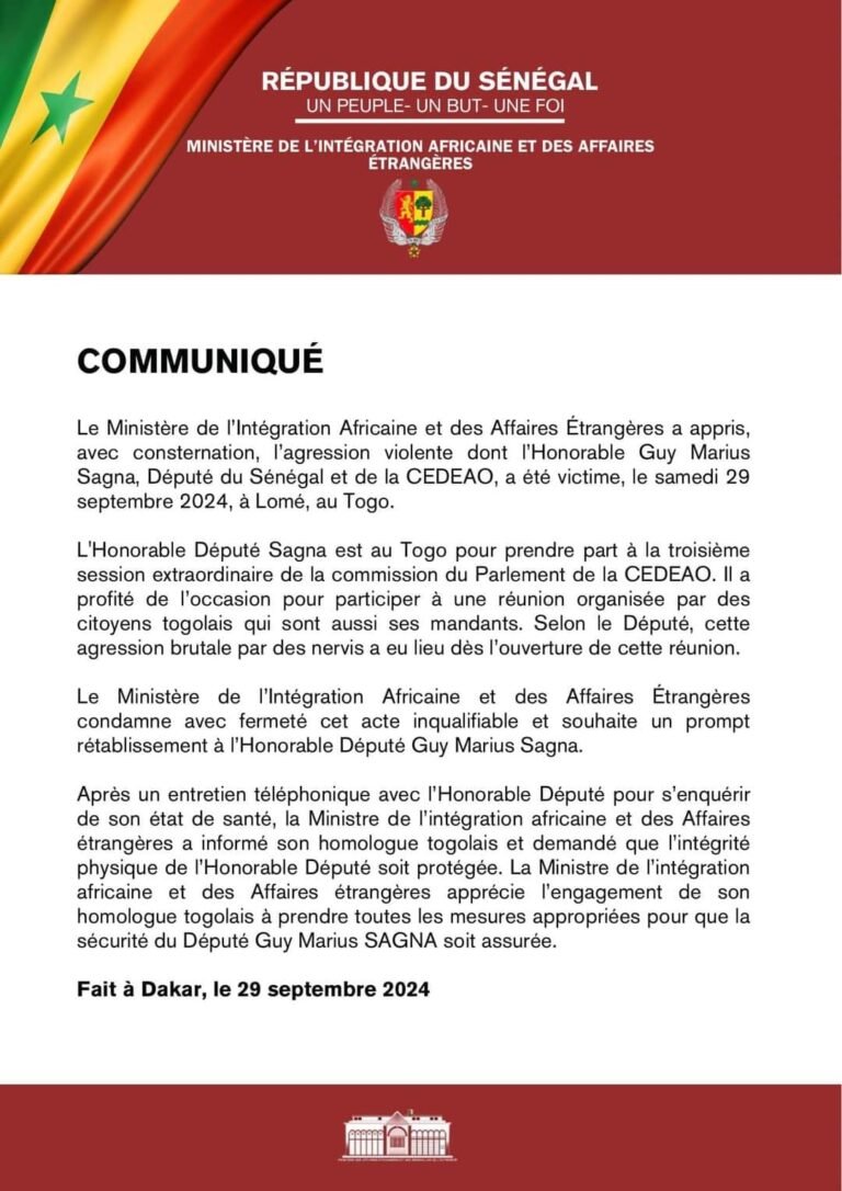 Agression du député Guy Marius Sagna: le ministère de l'intégration africaine et des affaires étrangères condamne