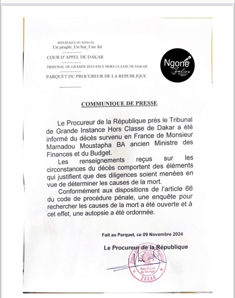 Décès de Mamadou Moustapha Ba : Le communiqué du Procureur de la République prés le Tribunal de Grande Instance hors Classe de dakarUne autopsie ordonnée
