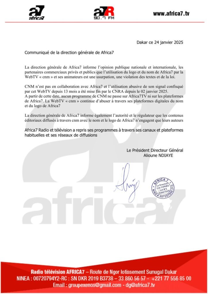 Communiqué de la direction générale du Groupe Africa7