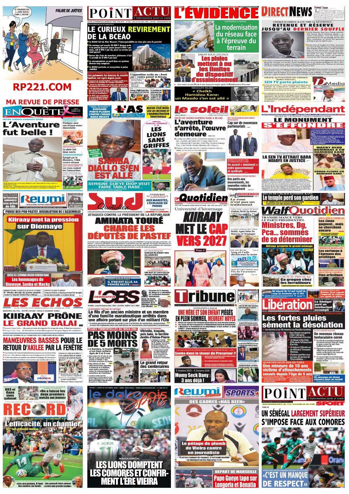 Revue de presse – KANE S’EN VA, DAKAR SE NOIE, KIIRAAY SORT LES GRIFFES : UN LUNDI SOUS HAUTE TENSION